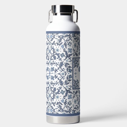 Blauw Fancy bloempatroon gepersonaliseerd Waterfles (Voorkant)