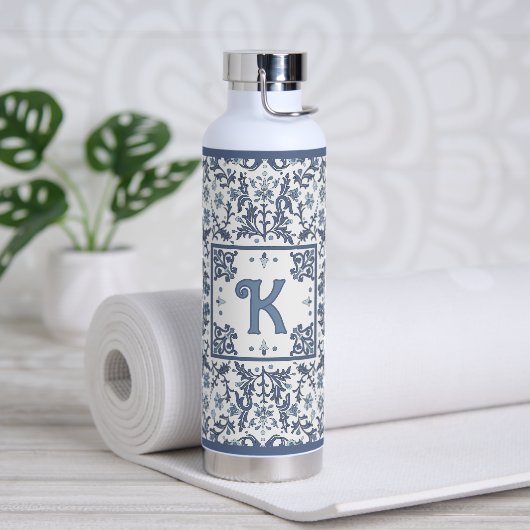 Blauw Fancy bloempatroon gepersonaliseerd Waterfles (Yoga)