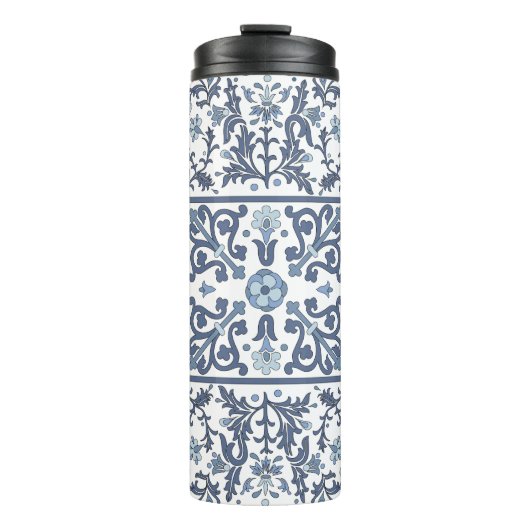 Blauw Fancy Floral Graphic Pattern Thermosbeker (Voorkant)