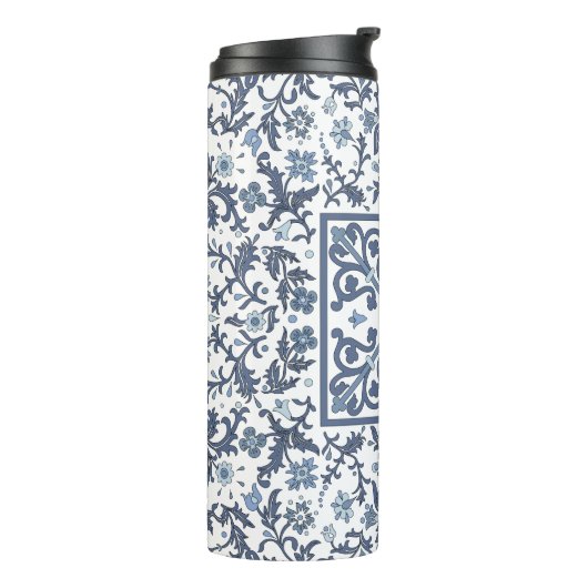 Blauw Fancy Floral Graphic Pattern Thermosbeker (Gedraaid links)