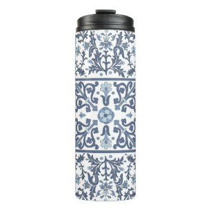 Blauw Fantasie Bloem Grafisch Patroon Thermosbeker