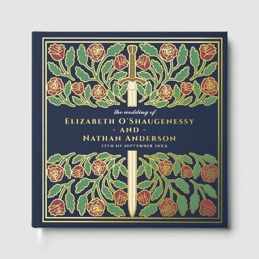 Blauw Fantasie Koninklijk Middeleeuws Trouwzwaard Gastenboek (Voorkant)