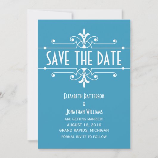 Blauw Fantasie Ornament Save the Date Uitnodiging (Voorkant)