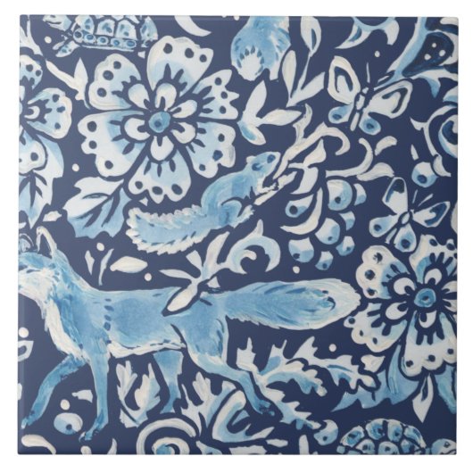 Blauw Fantasy Forest Mural Bossen Fox Rechts Tegeltje (Voorkant)