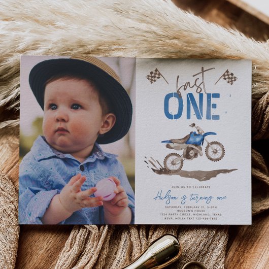 Blauw Fast One Dirt Bike Uitnodiging