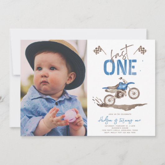 Blauw Fast One Dirt Bike Uitnodiging (Voorkant)