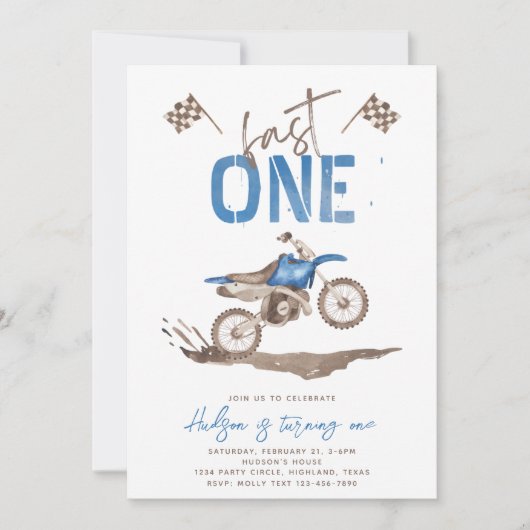 Blauw Fast One Dirt Bike Uitnodiging (Voorkant)