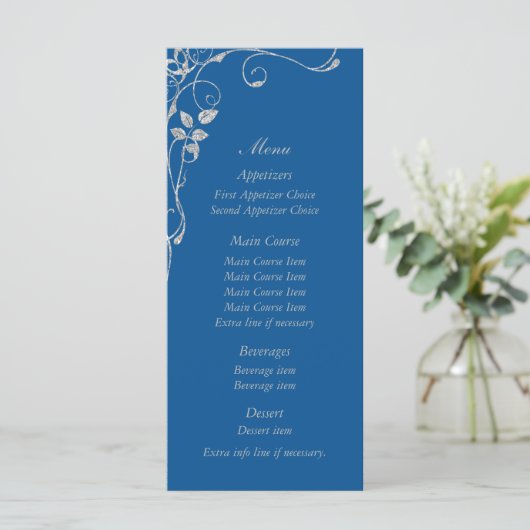 Blauw Faux Diamond Hart Swirl Bruiloft Menu (Staand voorkant)