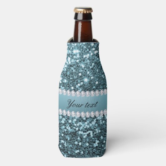  Blauw Faux Glitter en Diamonds Flesjeskoeler (Fles Voorkant)