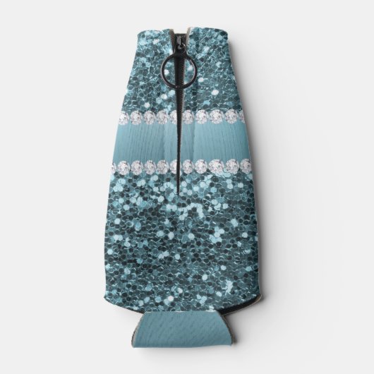 Blauw Faux Glitter en Diamonds Flesjeskoeler (Achterkant)