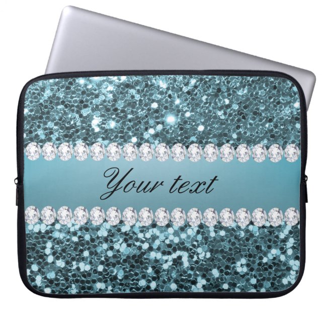  blauw Faux Glitter en Diamonds Laptop Sleeve (Voorkant)