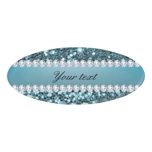 blauw Faux Glitter en Diamonds Naambadge (Voorkant)