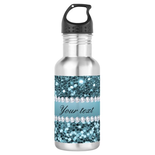 blauw Faux Glitter en Diamonds Waterfles (Voorkant)
