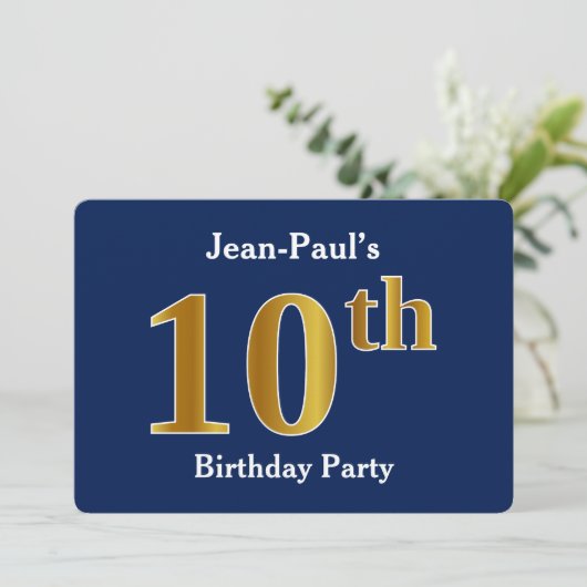Blauw, Faux Gold 10e verjaardagsfeestje + aangepas Kaart (Staand voorkant)