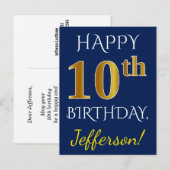 Blauw, Faux Gold 10th Birthday + Eigen naam Briefkaart (Voorkant / Achterkant)
