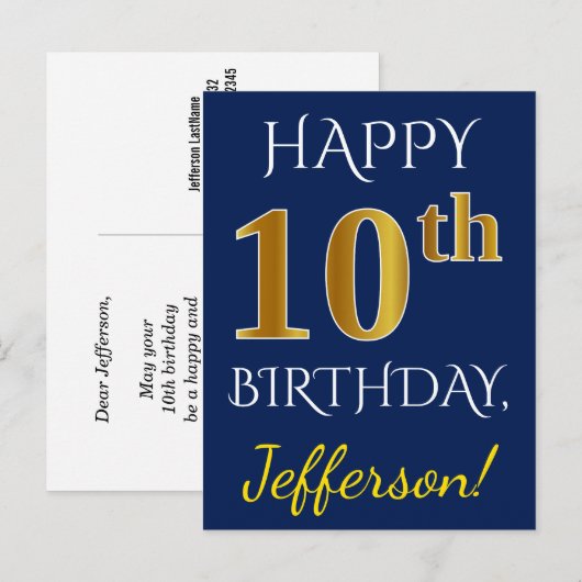 Blauw, Faux Gold 10th Birthday + Eigen naam Briefkaart (Voorkant / Achterkant)