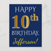 Blauw, Faux Gold 10th Birthday + Eigen naam Briefkaart (Voorkant)