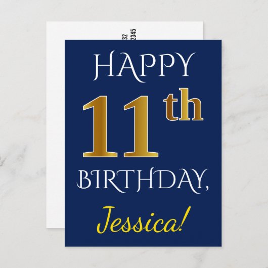 Blauw, Faux Gold 11e verjaardag + Aangepaste naam Briefkaart (Voorkant / Achterkant)