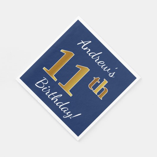 Blauw, Faux Gold 11e verjaardag + Aangepaste naam Servetten (Hoek)