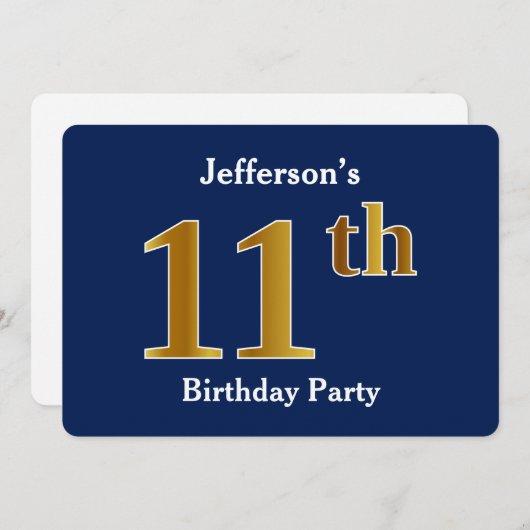 Blauw, Faux Gold 11e verjaardagsfeest + aangepaste Kaart (Voorkant / Achterkant)
