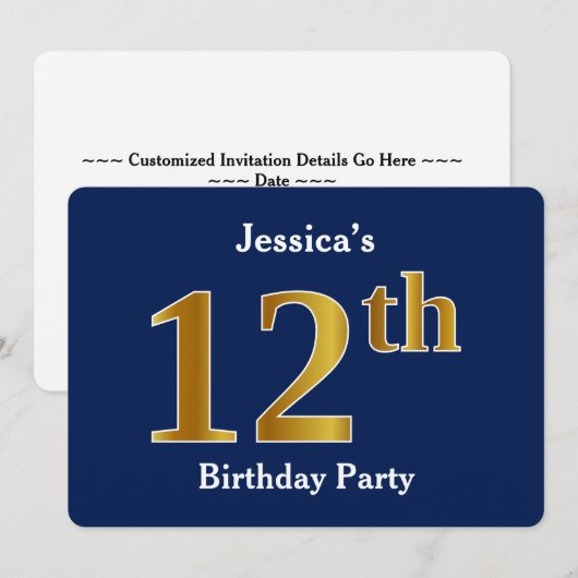 Blauw, Faux Gold 12e verjaardagsfeestje + aangepas Kaart (Voorkant / Achterkant)