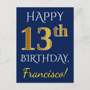 Blauw, Faux Gold 13e verjaardag + aangepaste naam Briefkaart