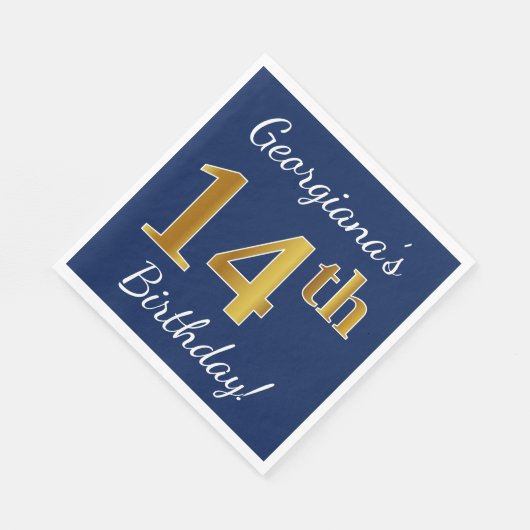 Blauw, Faux Gold 14e verjaardag + Aangepaste naam Servetten (Hoek)