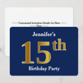 Blauw, Faux Gold 15e verjaardagsfeest + aangepaste Kaart (Voorkant / Achterkant)