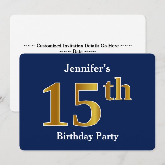 Blauw, Faux Gold 15e verjaardagsfeest + aangepaste Kaart (Voorkant / Achterkant)
