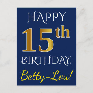 Blauw, Faux Gold 15th Birthday + Eigen naam Briefkaart