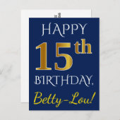 Blauw, Faux Gold 15th Birthday + Eigen naam Briefkaart (Voorkant / Achterkant)