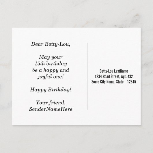 Blauw, Faux Gold 15th Birthday + Eigen naam Briefkaart (Achterkant)