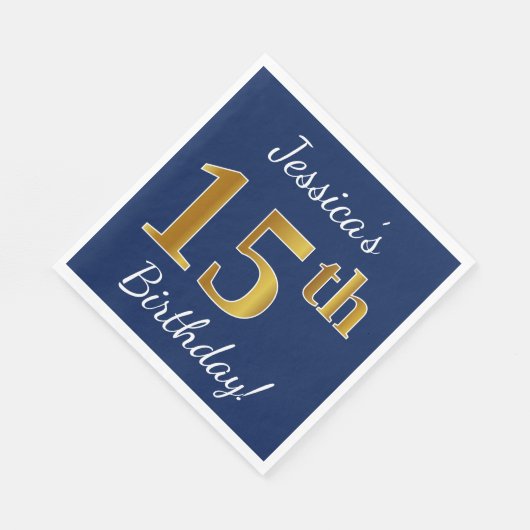 Blauw, Faux Gold 15th Birthday + Eigen naam Servet (Hoek)