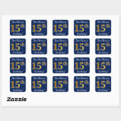 Blauw, Faux Gold 15th Birthday + Eigen naam Vierkante Sticker (Vel)