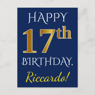 Blauw, Faux Gold 17th Birthday + Eigen naam Briefkaart