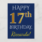 Blauw, Faux Gold 17th Birthday + Eigen naam Briefkaart (Voorkant)