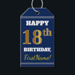 Blauw, Faux Gold 18e verjaardag   aangepaste naam Cadeaulabel<br><div class="desc">Dit verjaardagscadeau label ontwerp bevat een bericht zoals "HAPPY 18th BIRTHDAY, FirstName!", waar de naam kan worden gepersonaliseerd, en waar het nummer "18th" een faux / imitatie goud-achtige kleurenuiterlijk heeft. De voorkant heeft ook een blauw gekleurde achtergrond. Op de achterkant staat een "Van:"-regel. Labels als deze kunnen misschien gebruikt worden...</div>