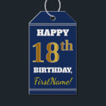Blauw, Faux Gold 18e verjaardag   aangepaste naam Cadeaulabel<br><div class="desc">Dit verjaardagscadeau label ontwerp bevat een bericht zoals "HAPPY 18th BIRTHDAY, FirstName!", waar de naam kan worden gepersonaliseerd, en waar het nummer "18th" een faux / imitatie goud-achtige kleurenuiterlijk heeft. De voorkant heeft ook een blauw gekleurde achtergrond. Op de achterkant staat een "Van:"-regel. Labels als deze kunnen misschien gebruikt worden...</div>