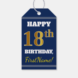 Blauw, Faux Gold 18th Birthday + Eigen naam Cadeaulabel
