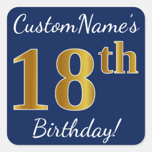 Blauw, Faux Gold 18th Birthday + Eigen naam Vierkante Sticker
