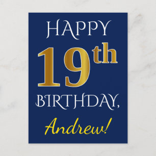 Blauw, Faux Gold 19th Birthday + Eigen naam Briefkaart