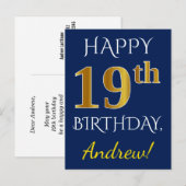 Blauw, Faux Gold 19th Birthday + Eigen naam Briefkaart (Voorkant / Achterkant)
