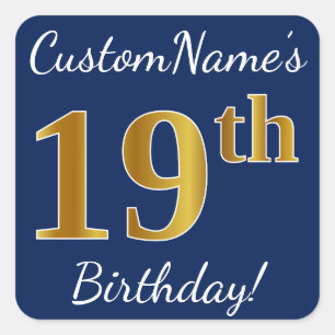 Blauw, Faux Gold 19th Birthday + Eigen naam Vierkante Sticker