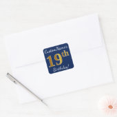 Blauw, Faux Gold 19th Birthday + Eigen naam Vierkante Sticker (Envelop)