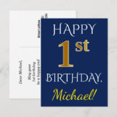 Blauw, Faux Gold 1st Birthday + Aangepaste naam Briefkaart (Voorkant / Achterkant)