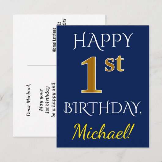 Blauw, Faux Gold 1st Birthday + Aangepaste naam Briefkaart (Voorkant / Achterkant)