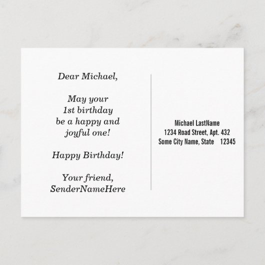 Blauw, Faux Gold 1st Birthday + Aangepaste naam Briefkaart (Achterkant)