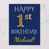 Blauw, Faux Gold 1st Birthday + Aangepaste naam Briefkaart (Voorkant)