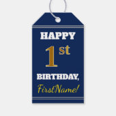 Blauw, Faux Gold 1st Birthday + Aangepaste naam Cadeaulabel (Voorkant)