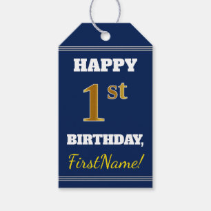 Blauw, Faux Gold 1st Birthday + Aangepaste naam Cadeaulabel